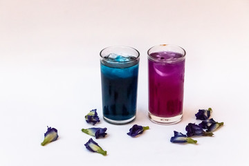 Wall Mural - Butterfly Pea Flower tea made from the Clitoria ternatea plant. The caffeine-free herbal beverage. This tea can change colors from blue to violet or pink depending on the pH form lemon or citrus juice