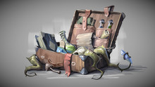 Old Suitcase With Magic Items. Digital Painting Illustration.
