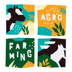 Wall Mural - Set of farming icons. Vector illustrations countryside with cow and pig. Templates for booklet or print design with farm animals. Cut paper design