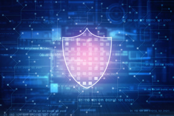 2d illustration security concept - shield on digital code background
