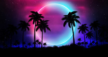 Night Landscape With Palm Trees, Against The Backdrop Of A Neon Sunset, Stars. Silhouette Coconut Palm Trees On Beach At Sunset. Vintage Tone. Space Futuristic Landscape. Neon Palm Tree