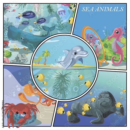 Cartoon Sea Animals Colorful Composition