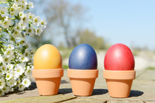 Easter Eggs Eggs In The Plant Pot Standing On Wooden Table In The Garden