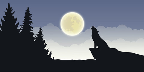 Wall Mural - wolf howls at full moon blue mystic nature landscape vector illustration EPS10