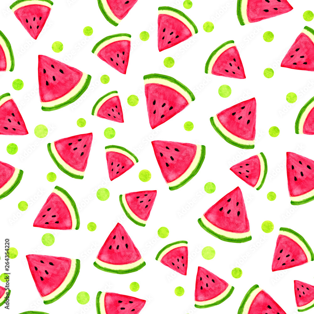 Watercolor abstract seamless pattern with dots and watermelon slices ...