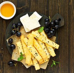 Homemade cheese biscuits, with grapes and brie cheese