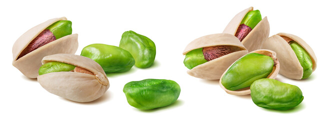 Wall Mural - double set of pistachio nuts isolated on white background