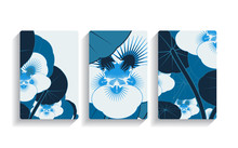 Cards Set With Jungle Flowers In Blue Shades