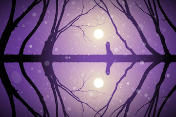 Sticker - Lovers among trees at sunrise. Vector conceptual illustration with silhouette of loving couple. Pastel background with sun and flying fluff