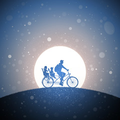 Sticker - Father with children on bicycle at sunset. Vector conceptual illustration with silhouette of family riding bike on hill in park. Pastel background with sun and flying fluff
