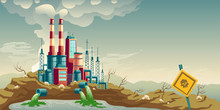 Air, Water And Soil Pollution By Industrial Production Cartoon Vector Concept. Working Plant, Factory Emitting Smoke Through Chimneys, Pouring Toxic Waste Chemicals In River Through Pipes Illustration