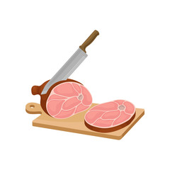 Knife cuts a piece of meat on a board. Vector illustration.