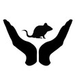 Vector silhouette of a hand in a defensive gesture protecting a mouse. Symbol of animal, wild,rat, rodent,nature, humanity, care, protection.