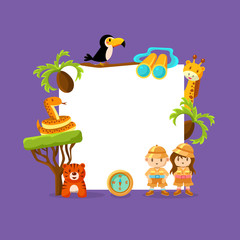 Sticker - Cute African Animals and Kids in Safari Outfit with Empty Banner Vector Illustration