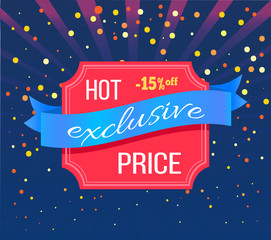 Wall Mural - Hot exclusive price 15 percent off emblem isolated on blue with rays and dots. Vector advertising tag, promo offer label, super sale and discounts