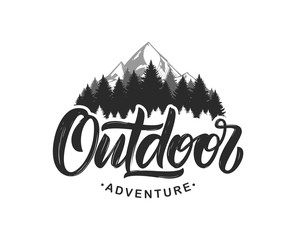 Wall Mural - handwritten modern brush lettering composition of outdoor adventure with silhouette of pine forest a