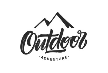 Fototapete - Handwritten Modern brush lettering composition of Outdoor adventure with silhouette of mountains.