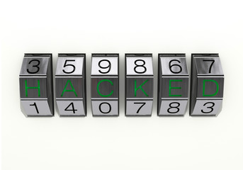 3d illustration: Close view of metal 6-digit combination lock with black numbers and green text 