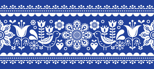 Wall Mural -  	 Scandinavian seamless vector pattern with flowers and birds, Nordic folk art repetitive in white on navy blue 