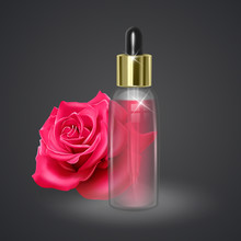 Jar With Rose Oil On The Background Of A Red Rose, Realistic Jar With Pipette On Dark Background, 3D, Vector Illustration