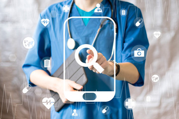 Poster - Doctor presses button search magnifier on phone virtual electronic user interface.