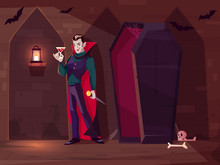 Smiling Vampire, Count Dracula Standing With Glass Of Blood Near Opened Coffin In Dark Dungeon Of Medieval Castle Cartoon Vector Concept. Fantasy Monster Character, Halloween Costume Illustration