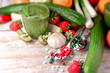 Organic fruit, vegetable, healthy drink (beverage) and nutrition supplement in proper diet, healthy eating - healthy food 