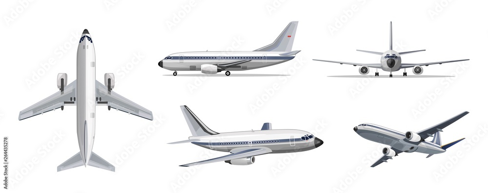 Airlines transportation concept. Vector airplane with yellow and blue stripes on white background. Airplane in top, side, front and bottom view. Vector aircraft illustration. - obrazy, fototapety, plakaty 