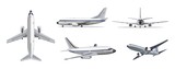 Fototapeta  - Airlines transportation concept. Vector airplane with yellow and blue stripes on white background. Airplane in top, side, front and bottom view. Vector aircraft illustration.