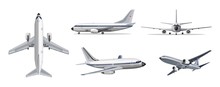 Airlines Transportation Concept. Vector Airplane With Yellow And Blue Stripes On White Background. Airplane In Top, Side, Front And Bottom View. Vector Aircraft Illustration.
