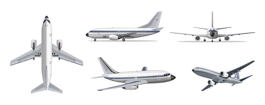 Wall Mural - Airlines transportation concept. Vector airplane with yellow and blue stripes on white background. Airplane in top, side, front and bottom view. Vector aircraft illustration.