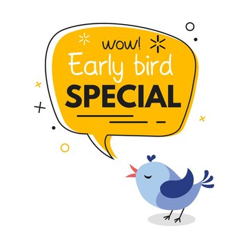 Wall Mural - Early bird special trendy design with bird and geometric template. Vector early bird promotion illustration