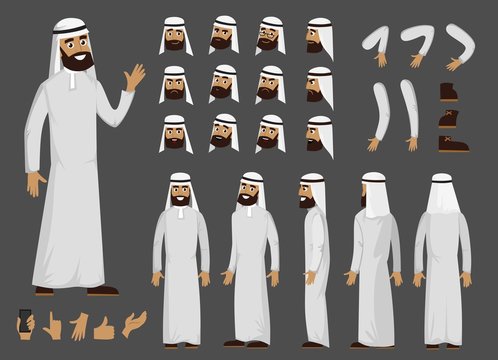 Wall Mural - Muslim arab man creator character with different facial emotions and body view. Vector arab man character in flat style.