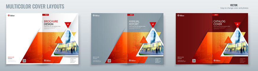 Wall Mural - Brochure template layout design with triangles. Corporate business annual report, catalog, magazine, flyer mockup. Creative modern bright concept triangle shape