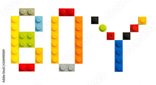 text letter boy, designer Lego, white background, isolated