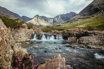 Beautiful waterfalls scenery on the Isle of Skye, Scotland: The Fairy Pools, Glen Brittle, Scotland