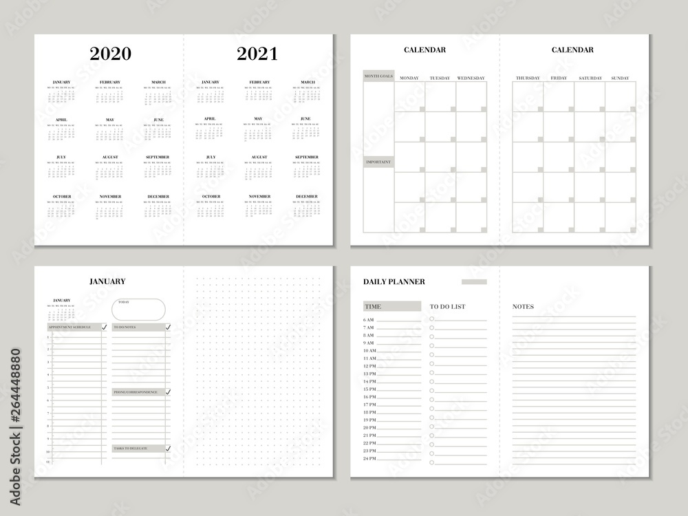 Planner design template for 2020 2021 year. Weekly and monthly planner design with checklist, to do list and dotted paper. Printable vector business planner concept. - obrazy, fototapety, plakaty 