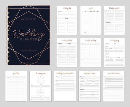 Wall Mural - Chic Wedding planer organizer with checklist, wish list, party time etc. Floral diary design for wedding organisation. Vector wedding planer.