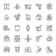 Beekeeping, Icon Set. Production Of Honey, Beekeeping Equipment. Apiary, Apiculture, Linear Icons. Line With Editable Stroke