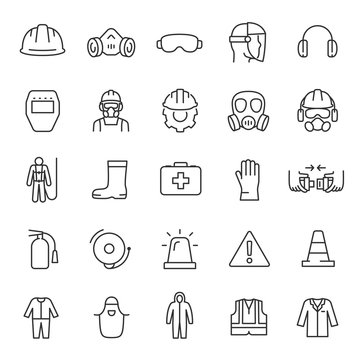 protection and safety in the workplace, icon set. work area safety, linear icons. notification and w