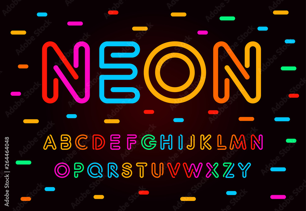Neon letters, numbers and symbols set. Colored tube, colorul contour modern style abc, lines latin alphabet. Fonts for events, promotions, logos, banner and monogram. Vector Typography design. - obrazy, fototapety, plakaty 