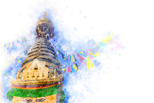 Watercolor Illustration Of A Buddhist White Stupa With Swayambunath Kathmandu Flags Against A Blue Sky
