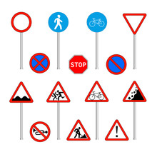 Group Of Isolated Prohibitory, Warning And Mandatory Road Signs
