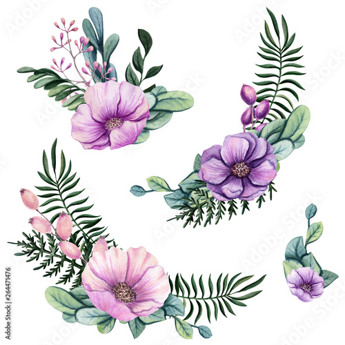 Set of Watercolor Bouquet with Fern and Flowers