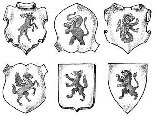 Heraldry in vintage style. Engraved coat of arms with animals, birds, mythical creatures, fish, dragon, unicorn, lion. Medieval Emblems and the logo of the fantasy kingdom.