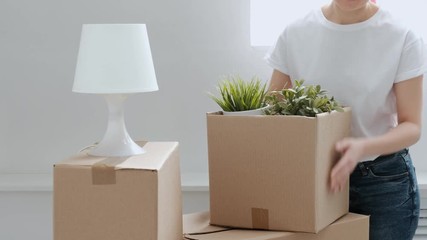 Wall Mural - A woman in jeans and a white T-shirt carries things and green plants from cardboard boxes. Closeup of female hands. The concept of moving to a new home.