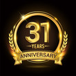 Celebrating 31st years anniversary logo with golden ring and ribbon, laurel wreath vector design.