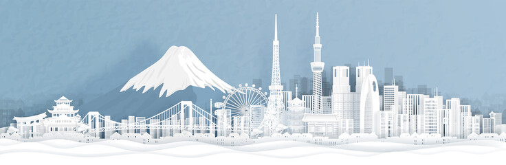 Fototapete - Panorama view of Tokyo city skyline with world famous landmarks of Japan in paper cut style vector illustration.