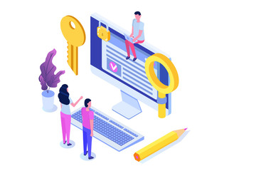 Smart contract, Digital signature isometric concept. Blockchain technology. Vector illustration