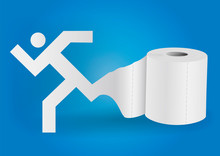 Toilet Paper With Icon Of Running Man.  Illustration Of Running Male Paper Silhouette Unwinding Toilet Paper. Concept For Intestinal Trouble Diarrhea. Vector Available.